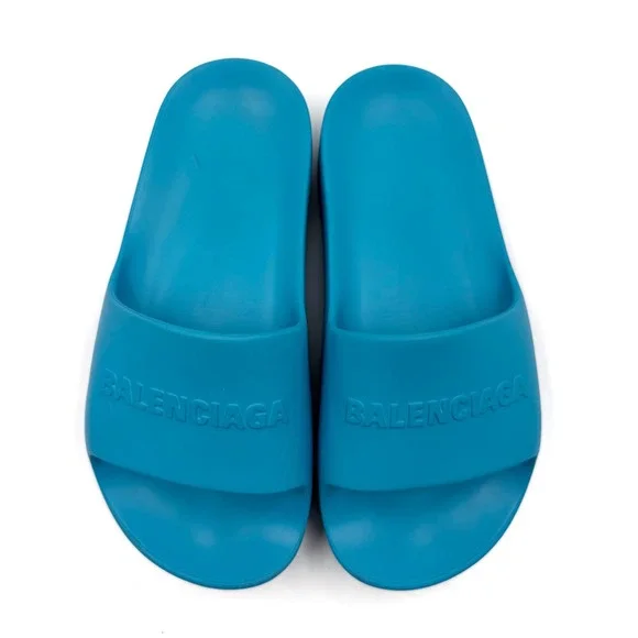 Balenciaga Blue Platform Rubber Slides Sandals Pool Beach Logo Sz 7 Women's - Picture 2 of 9